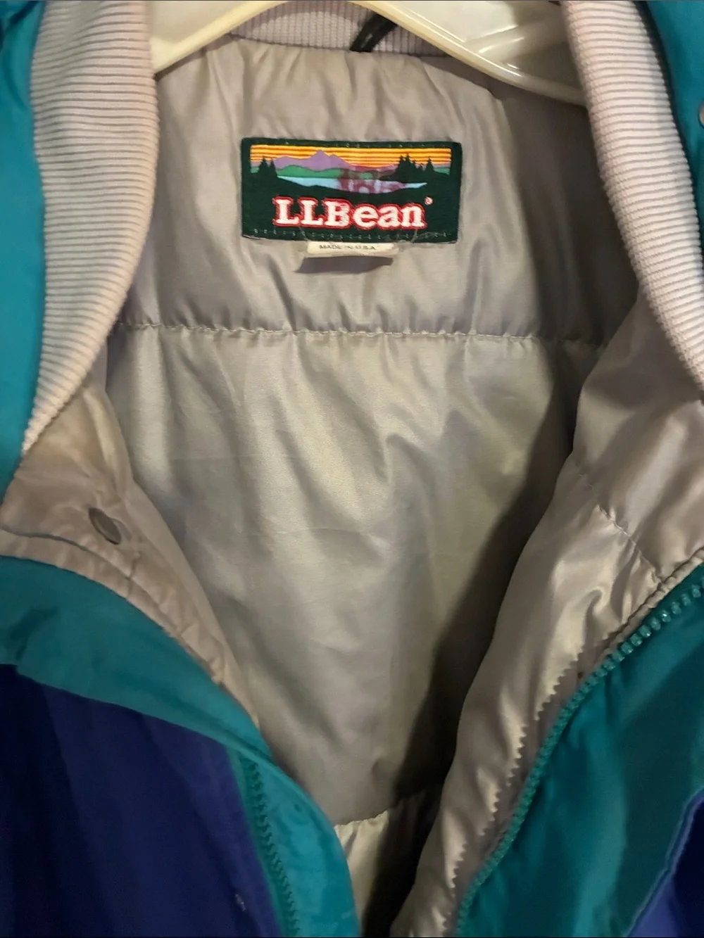 L.L. Bean Men's Navy Puffer Jacket with Teal Collar